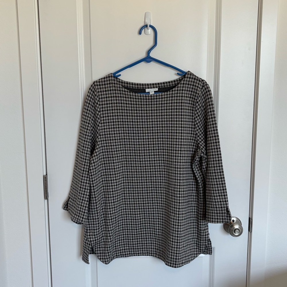 J Jill Plaid Gray Black Boat Neck Blouse Shirt